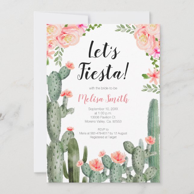 Invitación Floral Cactus Succulent Let's Fiesta Bridal Shower (Anverso)