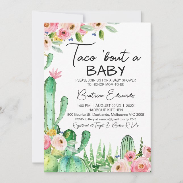 Invitación Floral Cacus Taco Bout A Baby Baby Shower (Anverso)