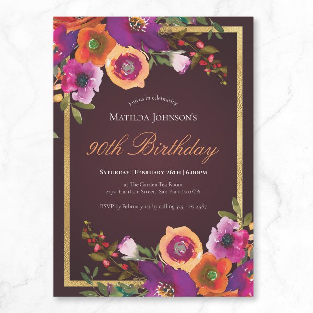 Invitación Floral Caída Borgoña 90 cumpleaños (Floral Fall Burgundy 90th Birthday Party Invitation)