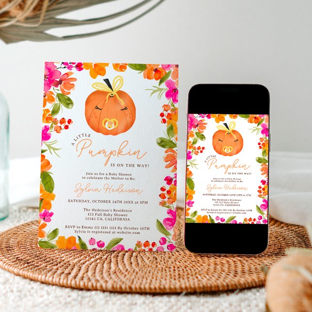 Invitación Floral Caída lindo calabaza pequeña ducha bebé (Floral Fall cute little pumpkin baby shower Invitation)