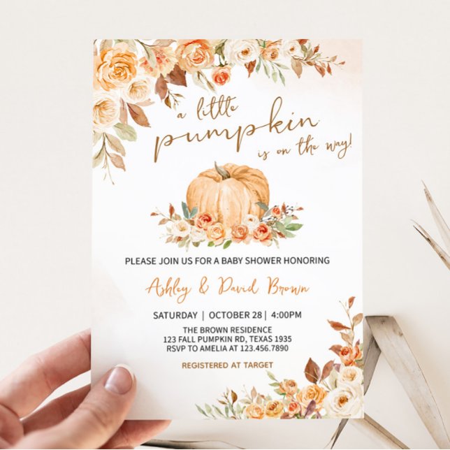 Invitación Floral Caída Pequeña Calabaza Baby Shower (Orange Pumpkin Baby Shower Invitation)