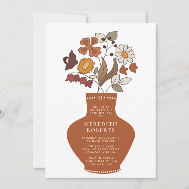 Invitación Floral caprichosa retro boho 50 cumpleaños (Anverso)