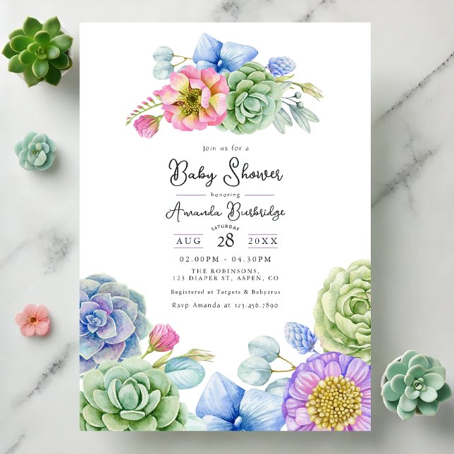 Invitación Floral caprichoso y suculento Baby Shower (Whimsical Floral and Succulent Baby Shower Invitation)