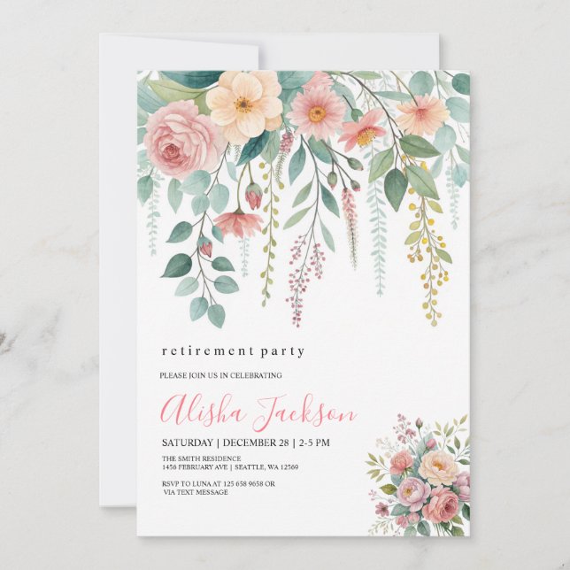 Invitación Floral Cascade Retirement Party Invitation  (Anverso)