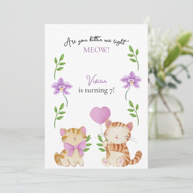 Invitación Floral Cat Kids Birthday Party (Anverso de pie)