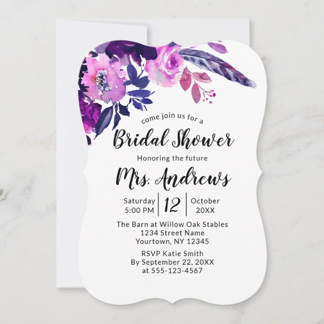 Invitación Floral caudal morado encantado Ducha de novia (Anverso)