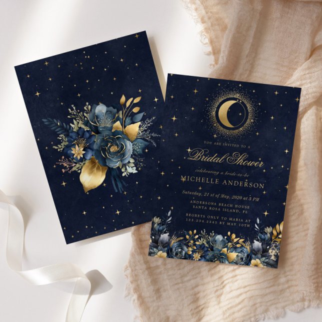 Invitación Floral Celestial Blue Stars Moon Bridal Shower (Subido por el creador)