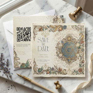 Invitación Floral Celestial Vintage Boda QR Salvar Fecha