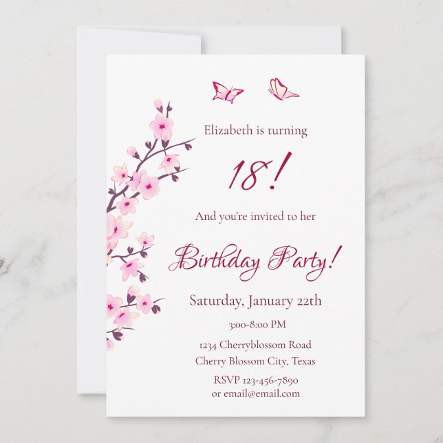 Invitación Floral Cerezos en flor en flor Aniversario rosa (Anverso)