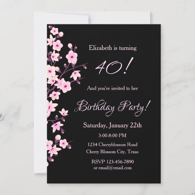 Invitación Floral Cerezos en flor Flores Pink Black Birday (Anverso)