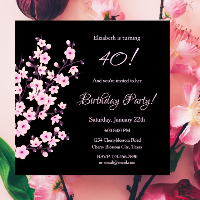 Invitación Floral Cerezos en flor Flores Pink Black Birday (Subido por el creador)