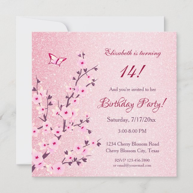 Invitación Floral Cerezos en flor Purpurina rosa Cumpleaños (Anverso)