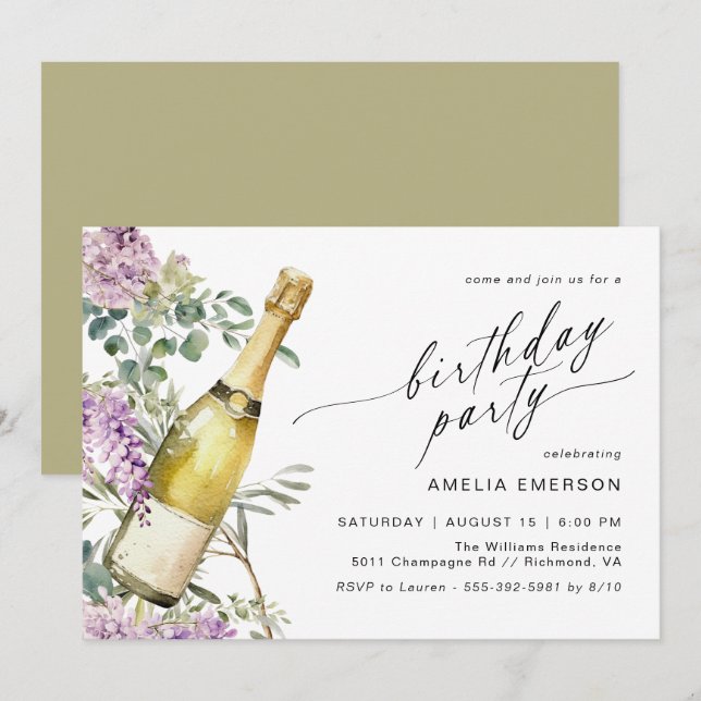 Invitación Floral Champagne Cute Diversión Cualquier Edad Muj (Anverso / Reverso)