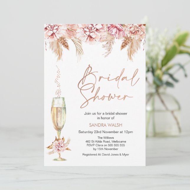 Invitación Floral Champagne Glass Boho Pampas Bridal Shower (Anverso de pie)