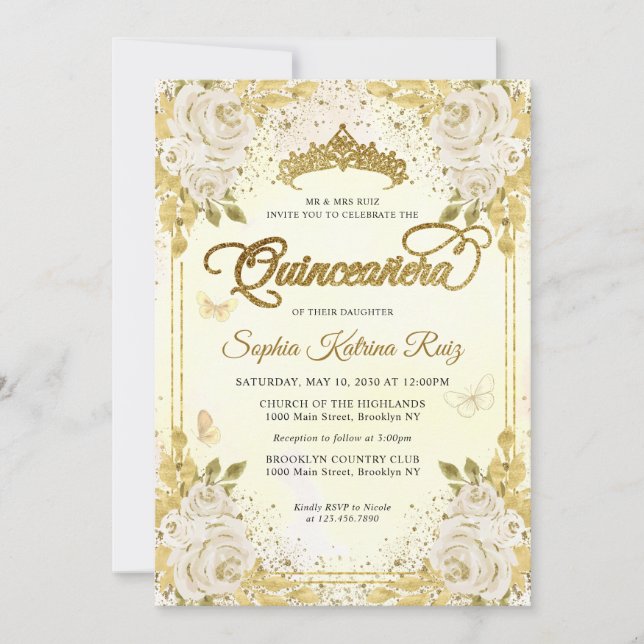 Invitación Floral Champagne Purpurina de oro Crown Quinceañer (Anverso)