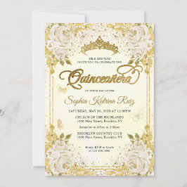 Invitación Floral Champagne Purpurina de oro Crown Quinceañer