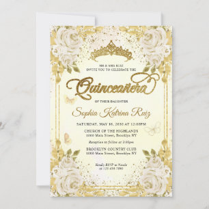 Invitación Floral Champagne Purpurina de oro Crown Quinceañer