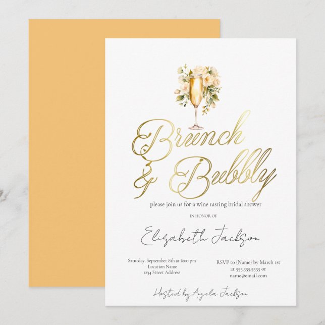 Invitación Floral ChampagneBrunch & Bubbly Bridal Shower (Anverso / Reverso)
