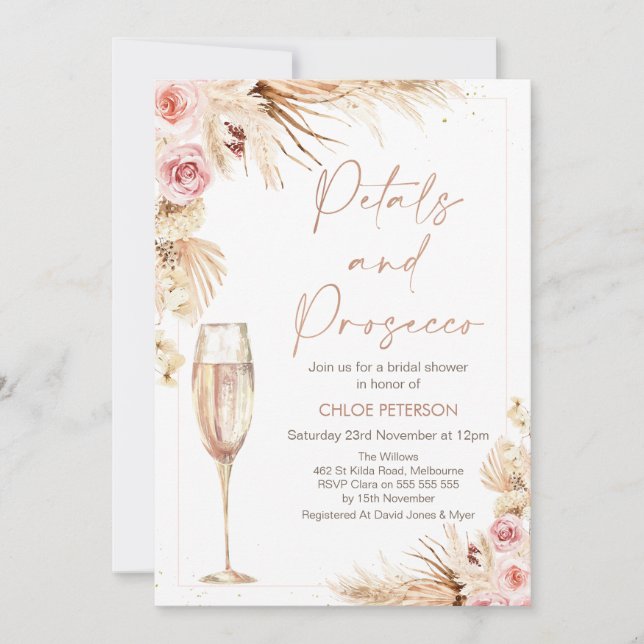 Invitación Floral Champán Pétalos Prosecco Ducha Bridal (Anverso)