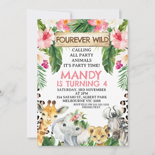 Invitación Floral Cheetah Print Fourever Wild 4Cumpleaños (Anverso)