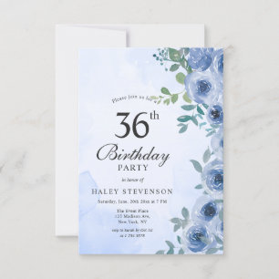 Invitación Floral Chic Acuarela Azul Polvoriento Cumpleaños 3