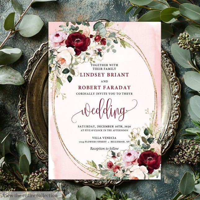 Invitación floral chic boho borgoña rubor dorado (Chic Boho Burgundy Blush Gold Floral Invitation)