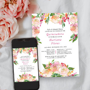Invitación Floral Chic Rosa y Dorado Quinceañera y Misa
