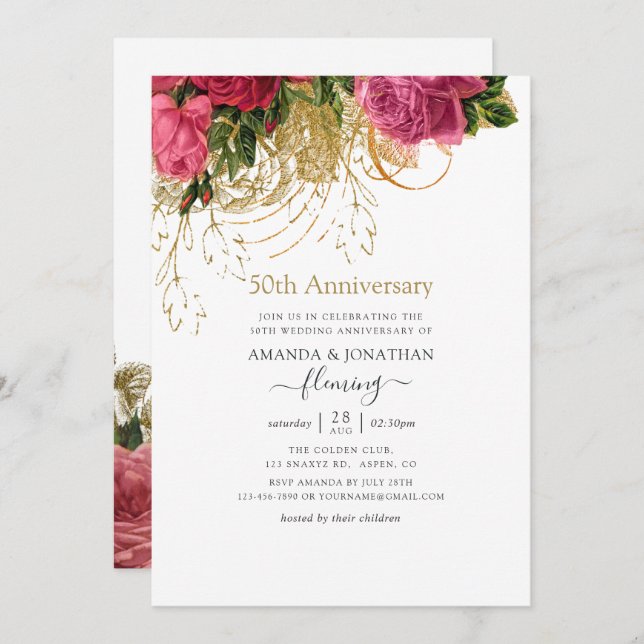 Invitación Floral Chic Vintage 50 Aniversario de Boda (Anverso / Reverso)