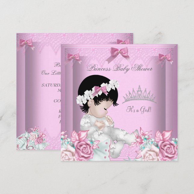 Invitación Floral Chica Baby Shower rosa y gris (Anverso / Reverso)