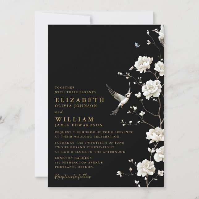 Invitación Floral Chinoiserie Black Gold Todo En Un Boda (Anverso)