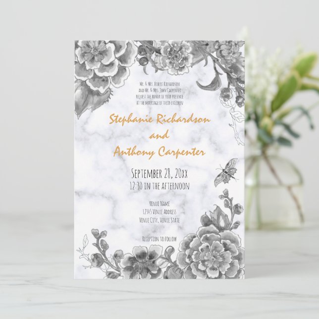 Invitación Floral Chinoiserie blanca negra, Boda de mármol (Anverso de pie)