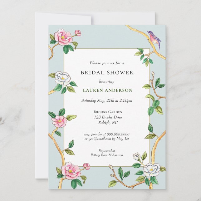 Invitación Floral Chinoiserie Blue Bridal Shower (Anverso)