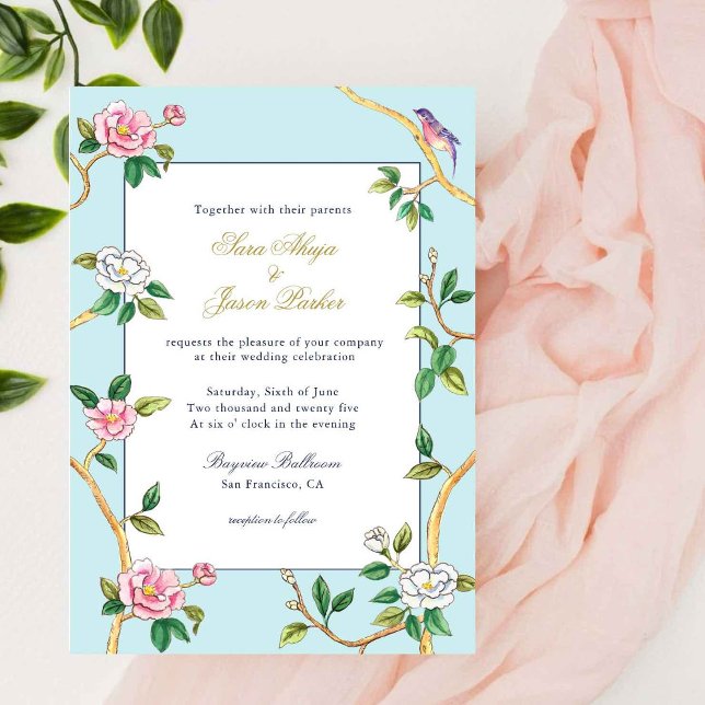 Invitación Floral Chinoiserie Boda azul y blanco (Subido por el creador)