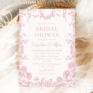 Invitación Floral Chinoiserie de tela rosa ducha de novia