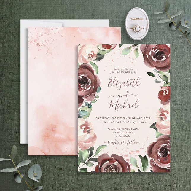 Invitación Floral Cinnamon Rosa Dusty Rosa Gold Watercolor (Subido por el creador)