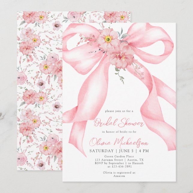 Invitación Floral Cinta rosa Boho Coquette Bridal Shower (Anverso / Reverso)