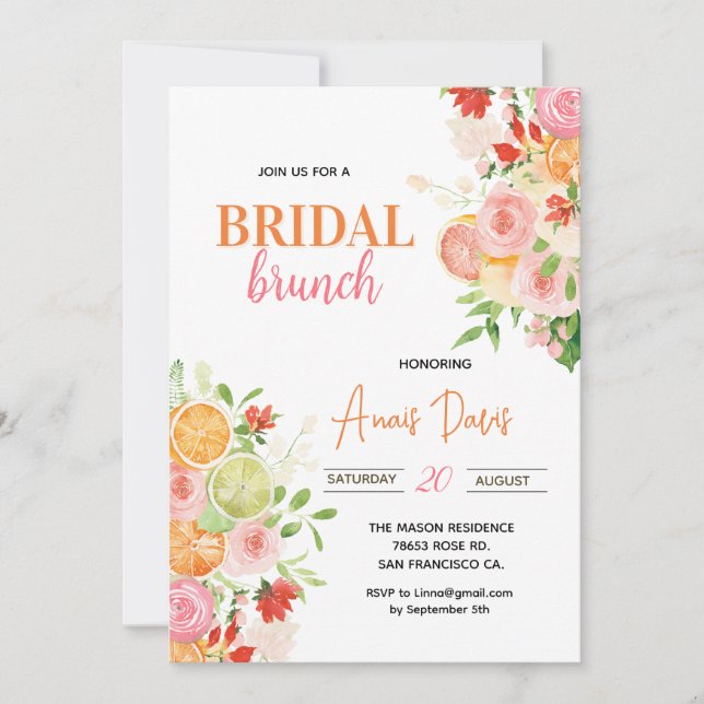 Invitación Floral Citrus Bridal Shower (Anverso)