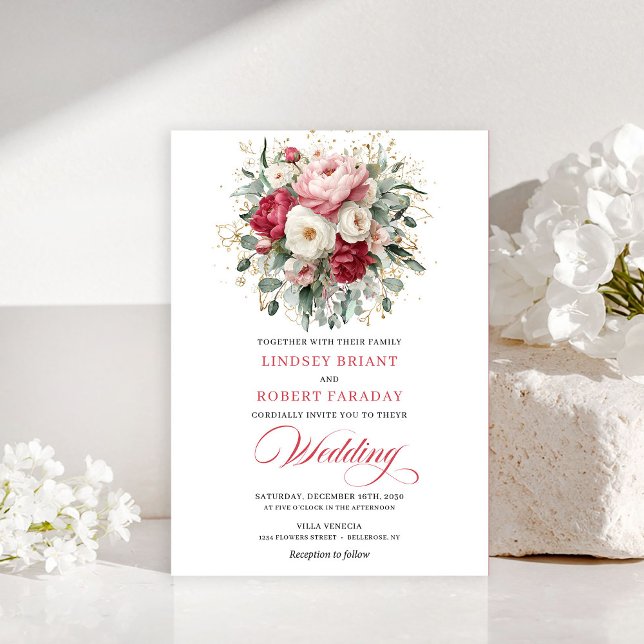 Invitación floral clásica boho rubí rojo dorado (Classic Boho Ruby Red Blush Gold Floral Invitation)