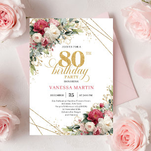 Invitación floral clásica de cumpleaños 80 rojo Bo