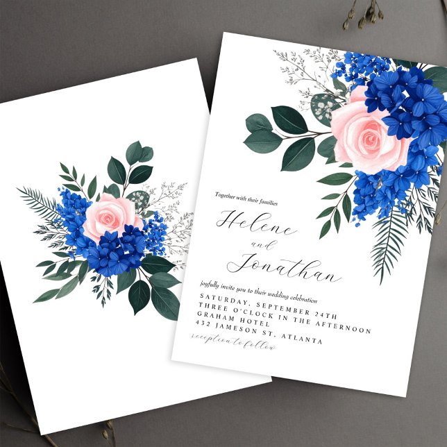 Invitación Floral Cobalto azul Jardín rosa Elegante Boda (Floral Cobalt Blue Pink Garden Elegant Wedding Invitation)