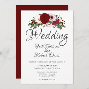 Invitación Floral color de agua Borgoña Rubor verde blanco