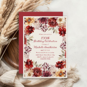 Invitación Floral color de agua crema de Borgoña 100 cumpleañ