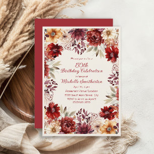 Invitación Floral color de agua crema de Borgoña 50 cumpleaño