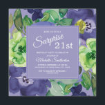 Invitación Floral color de agua de la marina verde púrpura 21<br><div class="desc">Elegante púrpura botánico, azul marino, amarillo limón y color de agua verde floral en cuadrado púrpura sorpresa invitación de fiesta de cumpleaños 21. El texto, el tipo de letra, el tamaño y el color son completamente personalizables, por lo que esta tarjeta se puede personalizar para que se adapte perfectamente a...</div>