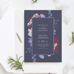 Invitación Floral color de agua rojo y marina Boda oscuro sim