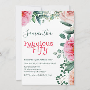 Invitación Floral color de agua rosa 50 cumpleaños