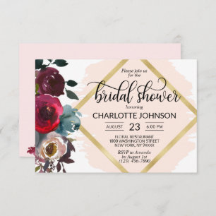 Invitación Floral color de agua rosa borgoña dorada ducha de