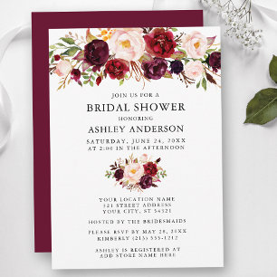 Invitación Floral color de agua rosa borgoña ducha de novia