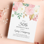 Invitación Floral color de agua rosa Rubor 30 cumpleaños<br><div class="desc">Bonito color de agua rosado floral 30 cumpleaños invitación a fiesta. Flores rosas y cremas con vegetación y hojas de oro. Todo el texto importante puede ser personalizado por usted. Incluso el año de cumpleaños puede ser cambiado a 40,  50 o cualquier otro año.</div>