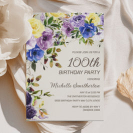 Invitación Floral color morado amarillo 100 cumpleaños